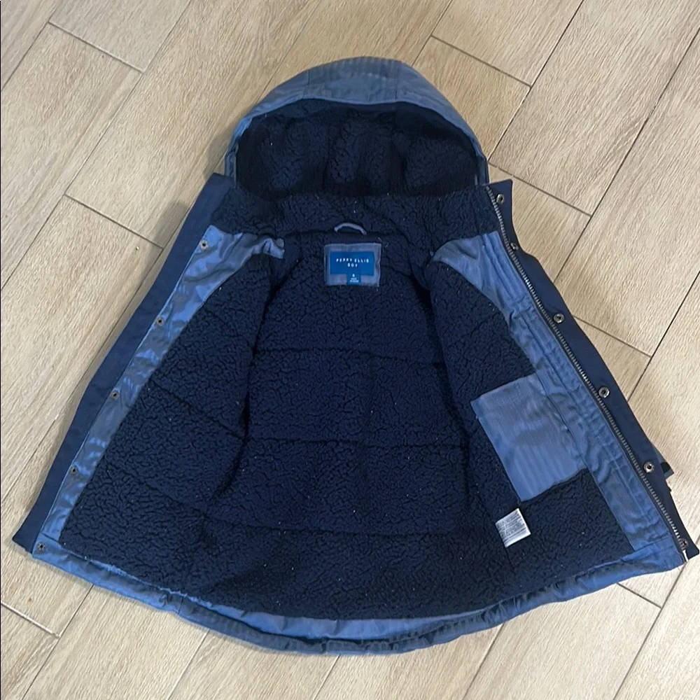 Perry Ellis Blue Hooded Puffer Winter Coat with Fleece Lining and Inner Pocket